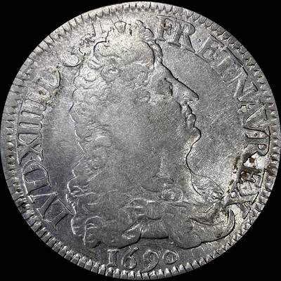 【雨安】【直播拍卖】【裸币套币-001期】 2026-04-24 周五 19:30 (金价1034, 银价18.00) [裸币法国] France 法国 1埃居 KM#0275 DAV-3811 (1690-1693) 路易十四 皇冠十字 中心字母 1690年