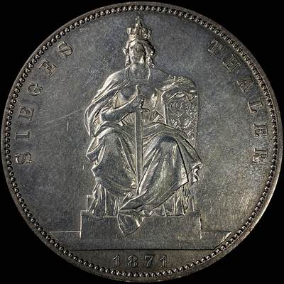 【雨安】【直播拍卖】【裸币套币-001期】 2026-04-24 周五 19:30 (金价1034, 银价18.00) [裸币德国] Germany 德国 德意志 1泰勒 Prussia普鲁士 Thun.272 KM#0500 (1871) 威廉一世.普法战争 1871年