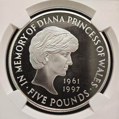 【德藏】世界币章拍卖第171期（拍品征集中~欢迎藏友联系） 1999年 英国戴安娜王妃逝世5英镑精制纪念银币 NGC PF68UC 镜面十足