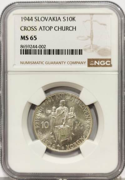 博洋堂“生趣盎然”4月精品专场暨第169期（全场包邮） NGC MS65 亚军分！斯洛伐克1944年10克朗银币，卷拆原光好品，近PL质感，状态很好，一步到位的品相。