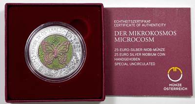 【雨安】【直播拍卖】【裸币套币-001期】 2026-04-24 周五 19:30 (金价1034, 银价18.00) [现代装帧] Austria 欧元 奥地利 25欧元 2017年 微观世界 铌芯银币