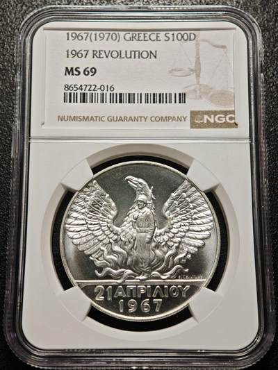【德藏】世界币章拍卖第171期（拍品征集中~欢迎藏友联系） 冠军分！1967(1970)年 希腊军政府时期鹰中人100德拉克马银币 NGC MS69 原光十足