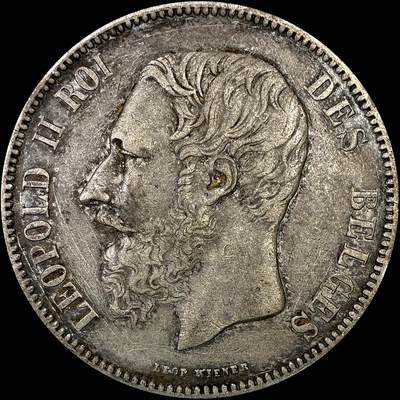 【雨安】【直播拍卖】【裸币套币-001期】 2026-04-24 周五 19:30 (金价1034, 银价18.00) [裸币各国] Belgium 比利时 5法郎 1873年 利奥波德二世