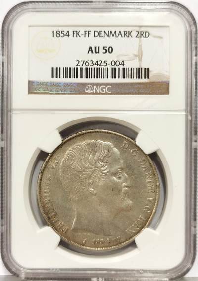 博洋堂“生趣盎然”4月精品专场暨第169期（全场包邮） NGC AU50 丹麦1854年费德里克七世2RD大银币，有分难得
