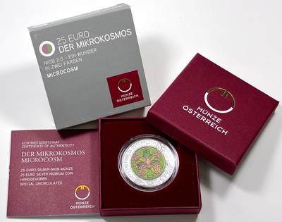 【雨安】【直播拍卖】【裸币套币-001期】 2026-04-24 周五 19:30 (金价1034, 银价18.00) [现代装帧] Austria 欧元 奥地利 25欧元 2017年 微观世界 铌芯银币