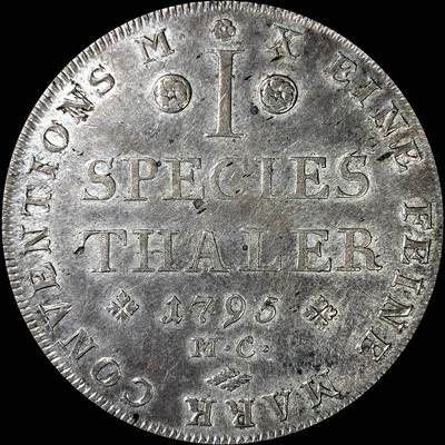 【雨安】【直播拍卖】【裸币套币-001期】 2026-04-24 周五 19:30 (金价1034, 银价18.00) [裸币德国] Germany 德国 德意志 1泰勒 Braunschweig-Wolfenbuttel不伦瑞克 KM#1030 (1787-1796) 纹章 1795年