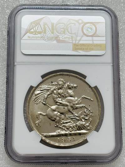 文馨钱币收藏第 303 场，【五一钱币荟，收藏盛宴】长期接代拍业务 NGC PL63 英国 1951 年乔治六世圣乔治屠龙 5 先令 类精制纪念币，英国最后的马剑