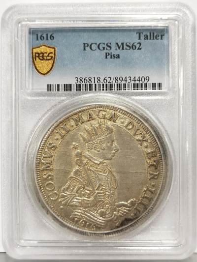 博洋堂“生趣盎然”4月精品专场暨第169期（全场包邮） PCGS MS62 意大利托斯卡纳比萨1616年科西莫二世美第奇家族纹章塔勒大银币，原味深打细节一流，PCGS唯一冠军分！