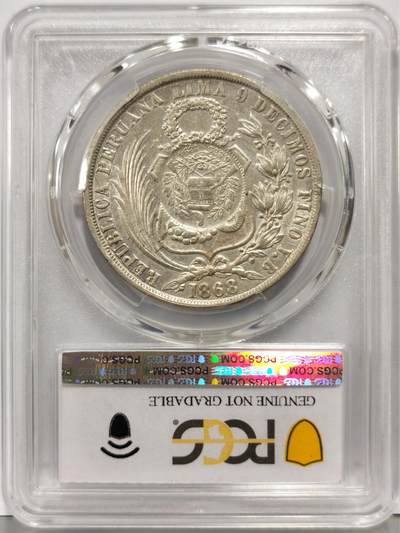 博洋堂“生趣盎然”4月精品专场暨第169期（全场包邮） PCGS AU 危地马拉1894年1比索加盖银币，加盖在秘鲁1868年1索尔银币上，美洲热门加盖品种