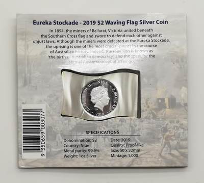 博洋堂“生趣盎然”4月精品专场暨第169期（全场包邮） 纽埃2019年2元异形彩色类精制银币 尤里卡栅栏事件（南十字星旗） 1盎司999银 发行量：1千 卡装
