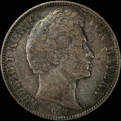 【雨安】【直播拍卖】【裸币套币-001期】 2026-04-24 周五 19:30 (金价1034, 银价18.00) [裸币德国] Germany 德国 德意志 1/2盾 Bavaria巴伐利亚 KM#0794 (1838-1848) 路德维希一世 1844年