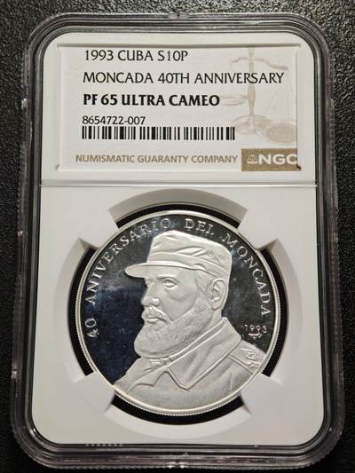 【德藏】世界币章拍卖第171期（拍品征集中~欢迎藏友联系） 1993年 古巴蒙卡达兵营袭击40周年精制纪念银币 NGC PF65UC 状态极佳
