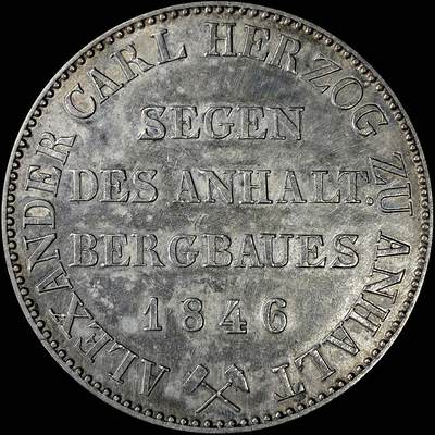 【雨安】【直播拍卖】【裸币套币-001期】 2026-04-24 周五 19:30 (金价1034, 银价18.00) [裸币德国] Germany 德国 德意志 1泰勒 Anhalt-Bernburg安哈特 Thun.003 KM#0084 (1846-1855) 小熊爬墙.大版 1846年 首年版