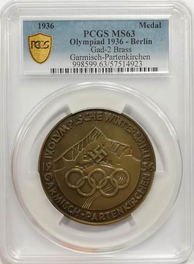 博洋堂“生趣盎然”4月精品专场暨第169期（全场包邮） PCGS SP63 PCGS唯一冠军分，海内外公开市场首见！1936年柏林奥运会大型铜质纪念章，将山峦、德国、奥运以及徽章四个要素进行了非常不错的结合。包豪斯风格的图案将，图案线条与文字简洁流畅优美，德国现代美术的代表之作。热门年代的热门题材，错过有可能很久都不会再见到的一枚