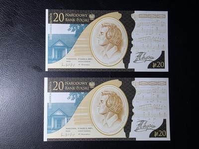 叁拾收藏第36期 波兰20纪念钞  肖邦  2张  UNC
