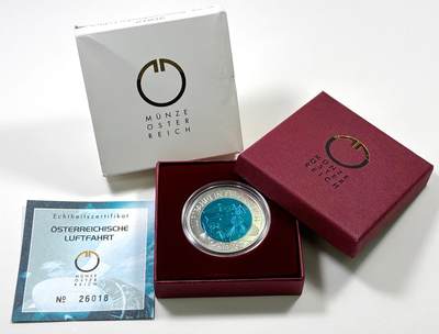 【雨安】【直播拍卖】【裸币套币-001期】 2026-04-24 周五 19:30 (金价1034, 银价18.00) [现代装帧] Austria 欧元 奥地利 25欧元 2007年 欧洲航空先驱 铌芯银币