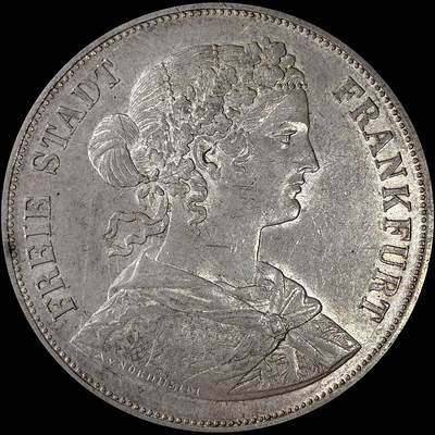 【雨安】【直播拍卖】【裸币套币-001期】 2026-04-24 周五 19:30 (金价1034, 银价18.00) [裸币德国] Germany 德国 德意志 2泰勒 Frankfurt法兰克福 Thun.145 KM#0365 (1860-1866) 法兰克福少女 1860年