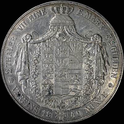 【雨安】【直播拍卖】【裸币套币-001期】 2026-04-24 周五 19:30 (金价1034, 银价18.00) [裸币德国] Germany 德国 德意志 2泰勒 Prussia普鲁士 Thun.252 KM#0425 (1839-1841) 腓特烈·威廉三世 1840年