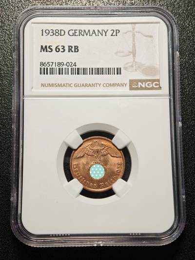 【德藏】世界币章拍卖第171期（拍品征集中~欢迎藏友联系） 1938年 德国民族社会主义工人党2芬尼铜币 NGC MS63RB （原图请查询NGC评级官网）