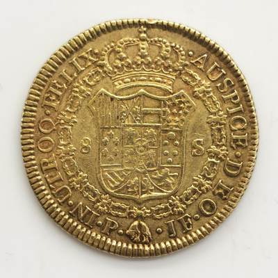 博洋堂“生趣盎然”4月精品专场暨第169期（全场包邮） 西属哥伦比亚1806年卡洛斯四世8埃斯库多金币，AU状态，Mint Error（Lamination）