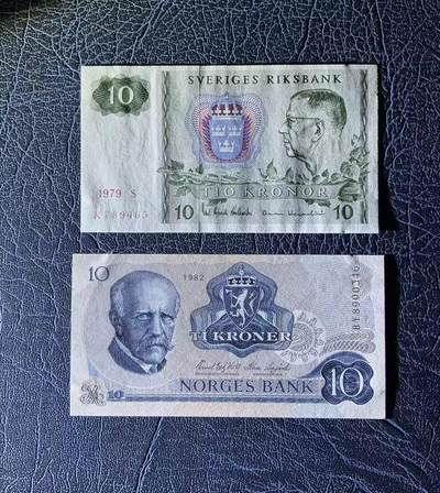 【炜奕收藏】，五月第一期 - 挪威/瑞典 10克朗 一组两张，邮币封拆出，默认unc-，无斑