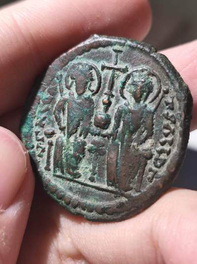 星盘世界钱币 5.2年度精品币大拍 一周年抽奖活动 极美品！拜占庭帝国 查士丁尼二世富力大铜币 正面加斯汀努斯二世与索菲亚 约公元571/2年 迪奥多西波利斯造币（少见厂），非常少见的品相