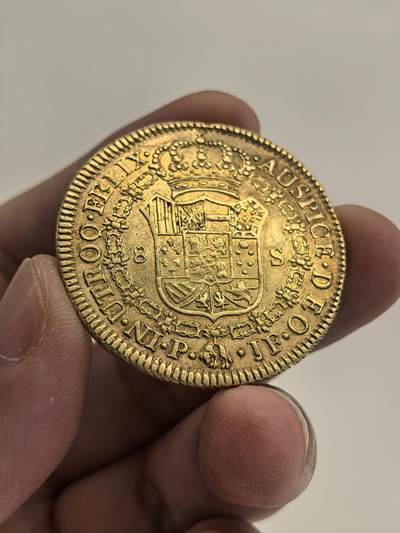 博洋堂“生趣盎然”4月精品专场暨第169期（全场包邮） 西属哥伦比亚1806年卡洛斯四世8埃斯库多金币，AU状态，Mint Error（Lamination）