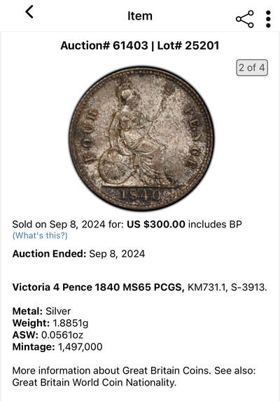 博洋堂“生趣盎然”4月精品专场暨第169期（全场包邮） PCGS MS65 1840年英国4便士银币，相当少见的面值，此年份国内公开市场所见最高分。非濯足币，小维头像加不列颠尼亚女神的设计。维多利亚早期机制币的代表作之一。24年HA同分300美元成交。