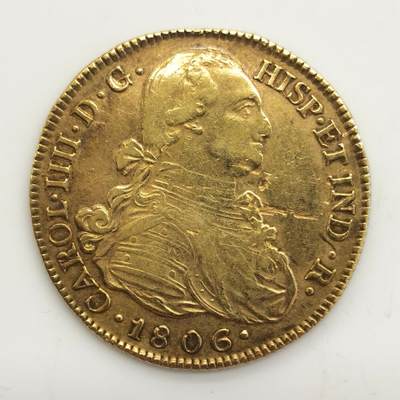 博洋堂“生趣盎然”4月精品专场暨第169期（全场包邮） 西属哥伦比亚1806年卡洛斯四世8埃斯库多金币，AU状态，Mint Error（Lamination）