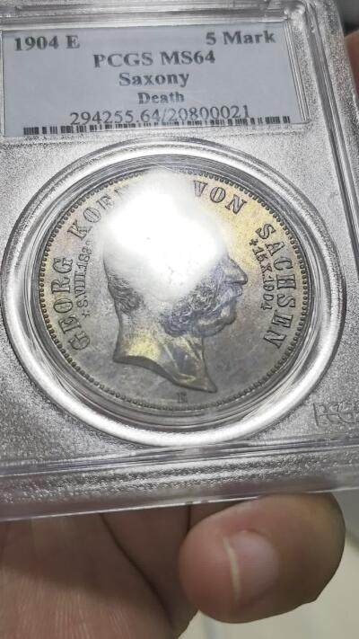 博洋堂“生趣盎然”4月精品专场暨第169期（全场包邮） PCGS MS64 德国萨克森1904年乔治逝世加字5马克纪念银币，老盒严评，玫瑰五彩底板