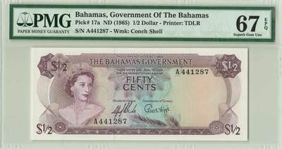 【炜奕收藏】，五月第一期 - 巴哈马1/2首发A冠 1965年政府版 PMG67