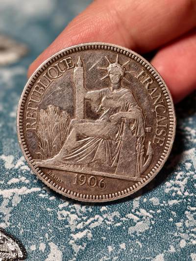 抚柳草堂-第二十八期章牌钱币  奖章勋章 满百包邮 放漏专场 1906法属印支坐洋银币  老包浆温润味道不错 重26.8g xf品相