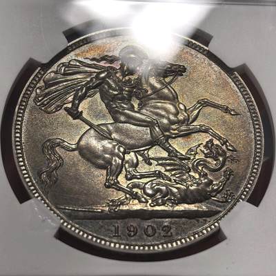博洋堂“生趣盎然”4月精品专场暨第169期（全场包邮） NGC PF63 Matte 英国1902年爱德华七世马剑克朗大银币 百年五彩深色美丽 包浆均匀自然 雕刻打制力度完美 精制Matte感 低评状态感人 建议重评加分 珍藏佳品