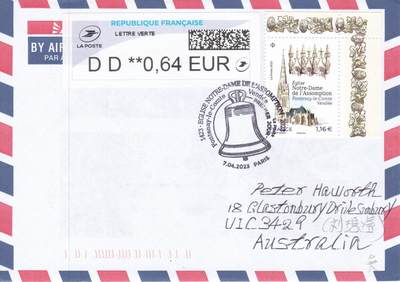 04月30日（周四）20:00 海外封片专场 - 2023法国《丰特奈勒孔特圣母升天教堂》加盖纪念戳 首日航空平寄澳洲 一套一枚 郭姐作品