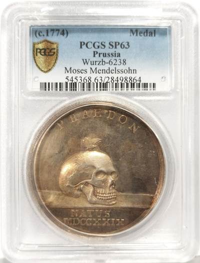 博洋堂“生趣盎然”4月精品专场暨第169期（全场包邮） PCGS SP63 普鲁士1774年摩西·门德尔松银章，因其背面精美的人类头骨图案而闻名，头骨放置在桌子上，一只飞蛾停在其上，保存状况极佳，PCGS唯一冠军分！