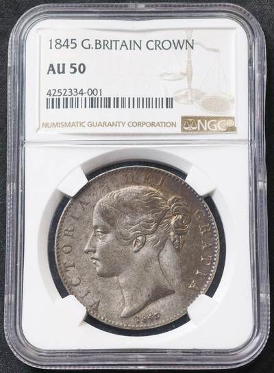 甄臻铺-“方寸甄品”甄品场-世界币章拍卖（第62期），送拍享返佣金等优惠多多 - NGC-AU50 英国1845维多利亚克朗银币 小维克朗 到AU就比较少见了  这枚包浆很好看 状态不俗 外拍同分价格要过万了