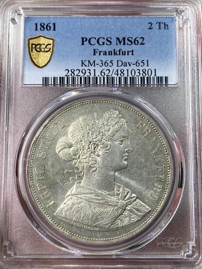 得物收藏 Chase Auction 第37期 - - 外钞、银元、民国钞和人民币混合场！ 持续更新！ 1861年 德国2泰勒银币，法兰克福少女，PCGS MS62！