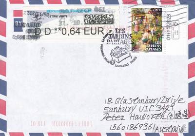 04月30日（周四）20:00 海外封片专场 - 2023法国《共享花园》加盖纪念戳 首日航空平寄澳洲 一套一枚 郭姐作品