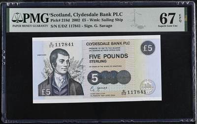 【炜奕收藏】，五月第一期 - 2002年苏格兰克莱斯戴尔银行5镑，PMG67分冠军分，背面经典大老鼠