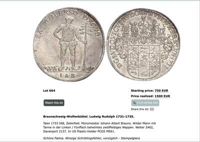 博洋堂“生趣盎然”4月精品专场暨第169期（全场包邮） NGC MS62 N、P双料唯一冠军分数！1732年不伦瑞克野人大泰勒。无需多言的顶级状态。非常经典的欧洲五彩包浆，原光极为明显，野人上的所有细节都得到了体现，纹章繁复颇有中世纪特色。作为16-19世纪不伦瑞克最为知名的系列，野人泰勒每一枚高分在海外市场都是天价。国内目前没见到过比这枚分数更高，状态更好的早期野人泰勒，同D-2137的1733年61分野人泰勒在上周wag含佣金到手15000人民币，