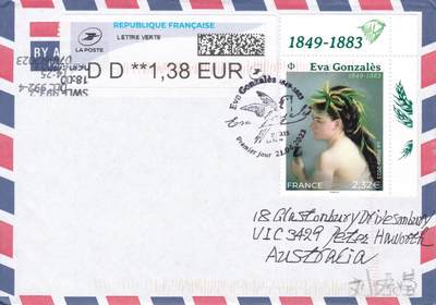 04月30日（周四）20:00 海外封片专场 - 2023法国《印象派艺术画家系列--伊娃·冈萨雷斯》加盖纪念戳 首日航空平寄澳洲 一套一枚 郭姐作品