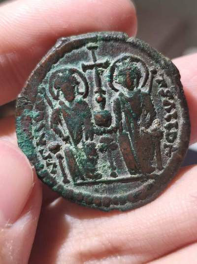 星盘世界钱币 5.2年度精品币大拍 一周年抽奖活动 极美品！拜占庭帝国 查士丁尼二世富力大铜币 正面加斯汀努斯二世与索菲亚 约公元571/2年 迪奥多西波利斯造币（少见厂），非常少见的品相