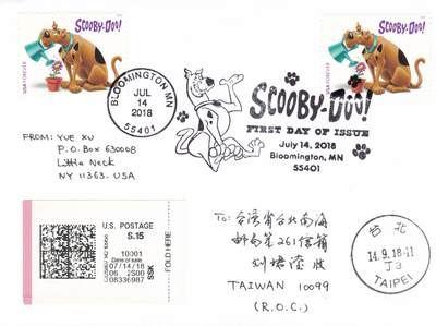 04月30日（周四）20:00 海外封片专场 - 2018美国《美国卡通--史酷比》套票黑白戳 首日平寄南海邮局 一套一枚 旅长作品