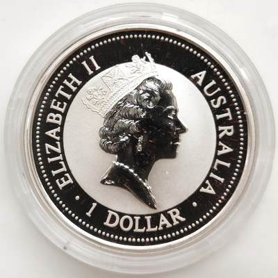 博洋堂“生趣盎然”4月精品专场暨第169期（全场包邮） 澳大利亚1997年1元带私印普制银币 笑翠鸟（带熊猫纯金私印） 999银1盎司 发行量：1万5千 盒证全