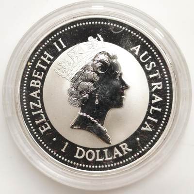 博洋堂“生趣盎然”4月精品专场暨第169期（全场包邮） 澳大利亚1995年1元带私印普制银币 笑翠鸟（带熊猫纯金私印） 999银1盎司 发行量：1万 盒证全