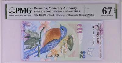 【炜奕收藏】，五月第一期 - 2009年百慕大2元，PMG67分，洋葱冠首发冠号码无347，IBNS获奖钞
