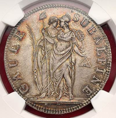 凡希社世界钱币微拍第三百二十三期 - 荐！LAN10（1801）苏巴平宁共和国5法郎大银NGC-AU58，拿破仑征服意大利后建立的短命附庸共和国（1801-1802年），以法国大革命的“自由、平等、博爱”为纲领，币制直接采用法国法郎体系。著名雕刻家LAVY作品，正面两位女神分别象征高卢与亚平宁，实物近未流通品相，带有自然形成的五彩包浆，属于这个品种里面的顶级状态之一。（视频参考）