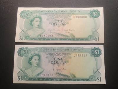2026四月第四期，总225期 - 巴哈马1968+1974版（金管局+中央银行版）1元UNC-（一张有小裂口）