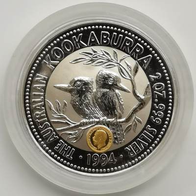 博洋堂“生趣盎然”4月精品专场暨第169期（全场包邮） 澳大利亚1994年2元带私印普制银币 笑翠鸟（带乔治五世纯金私印） 999银2盎司 发行量：1千5百 盒证全