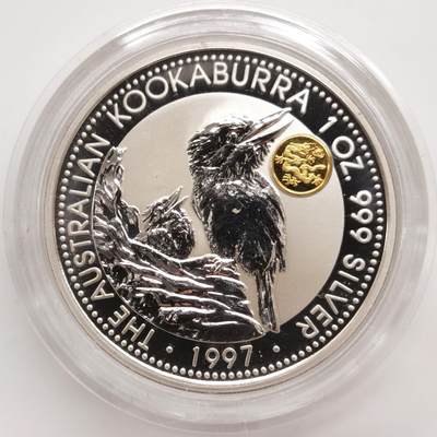 博洋堂“生趣盎然”4月精品专场暨第169期（全场包邮） 澳大利亚1997年1元带私印普制银币 笑翠鸟（带中国龙纯金私印） 999银1盎司 发行量：2万 盒证全